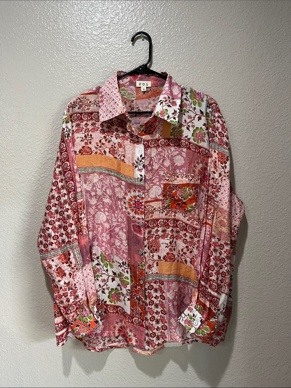 POL Pink Patchwork Floral Button-Down Shirt Sz S Boho Cottage Core TC0509